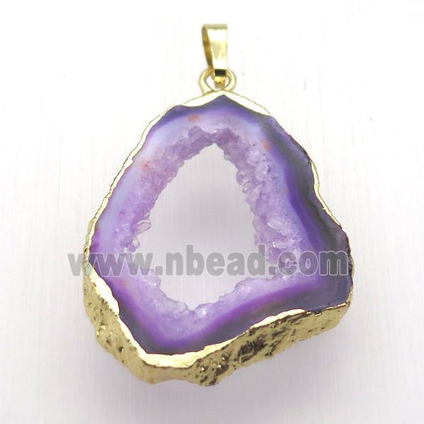 purple druzy agate pendant, freeform, gold plated