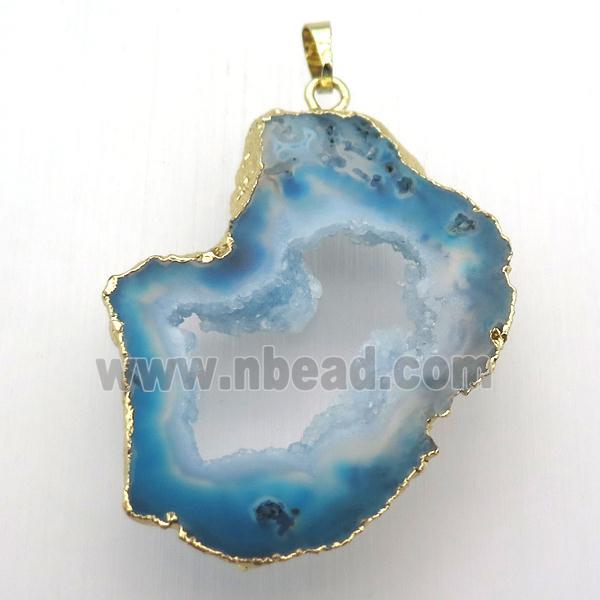 blue druzy agate pendant, freeform, gold plated