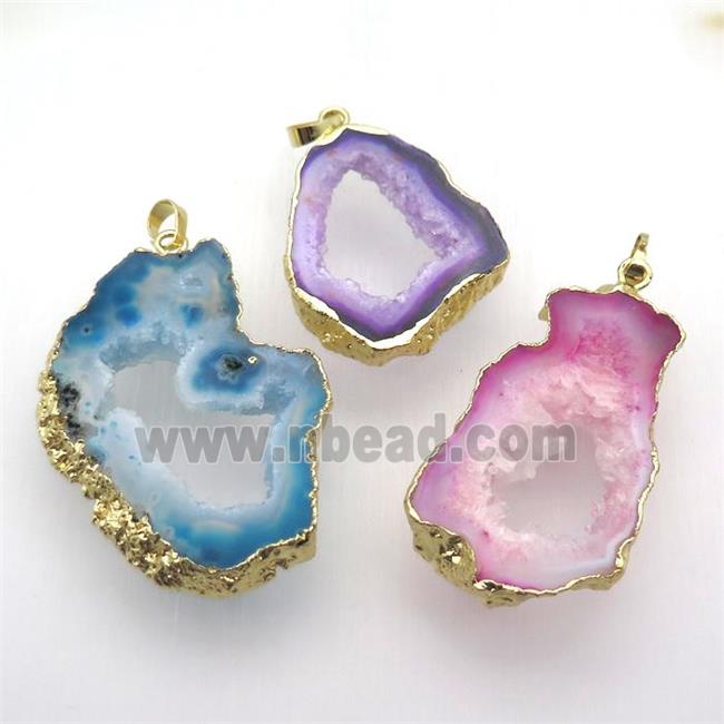 mixed druzy agate pendant, freeform, gold plated