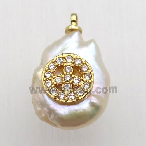 Natural pearl pendant with zircon, peace sign