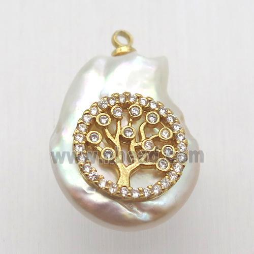 Natural pearl pendant with zircon, tree of life