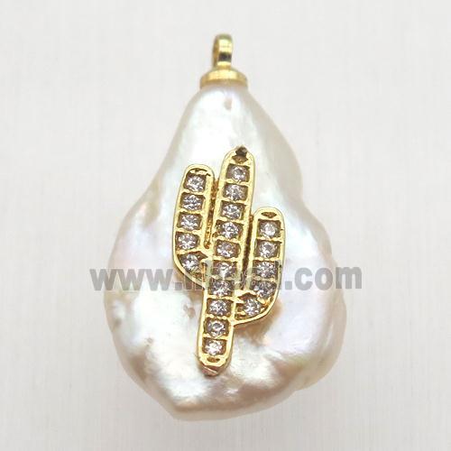 Natural pearl pendant with zircon, cacutus
