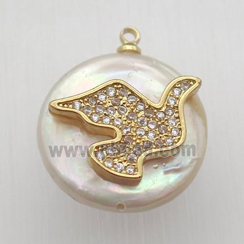 Natural pearl pendant with zircon, bird