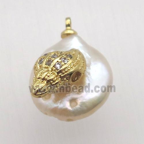 Natural pearl pendant with zircon, conch