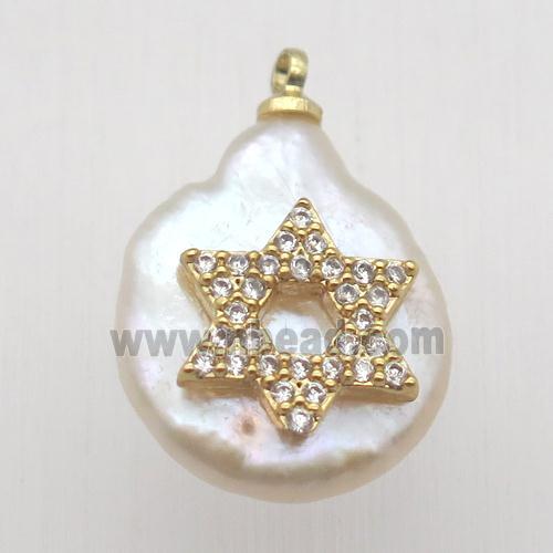 Natural pearl pendant with zircon, david star