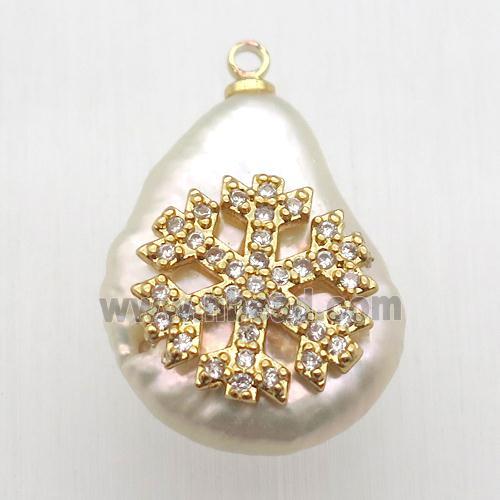 Natural pearl pendant with zircon, snowflake