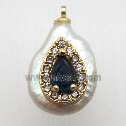 Natural pearl pendant with zircon, teardrop