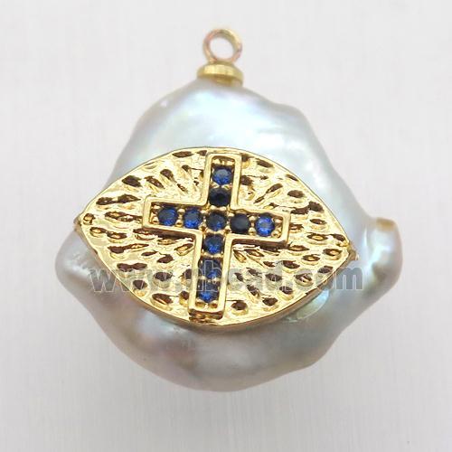 Natural pearl pendant with zircon, cross
