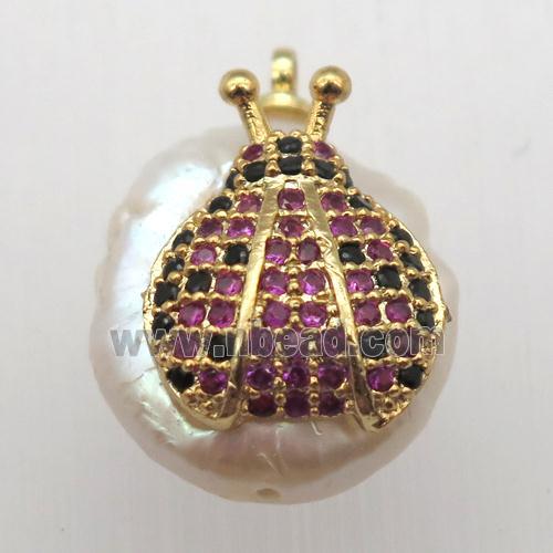 Natural pearl pendant with zircon, honeybee
