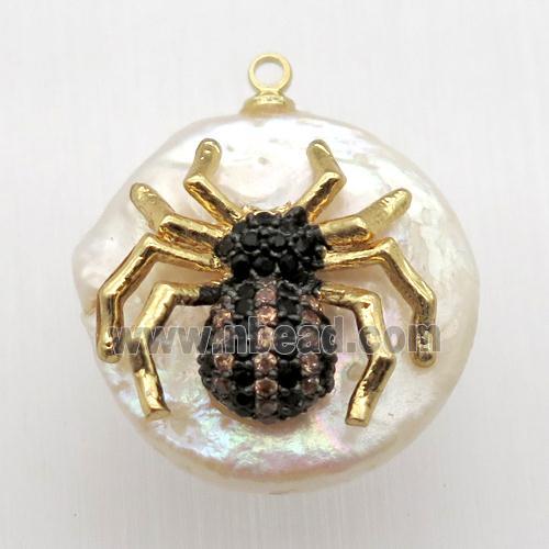 Natural pearl pendant with zircon, spider