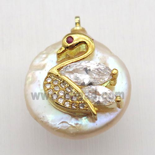 Natural pearl pendant with zircon, swan