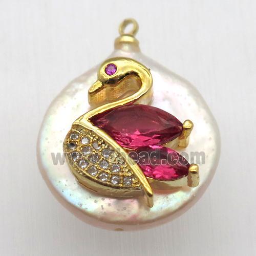 Natural pearl pendant with zircon, swan
