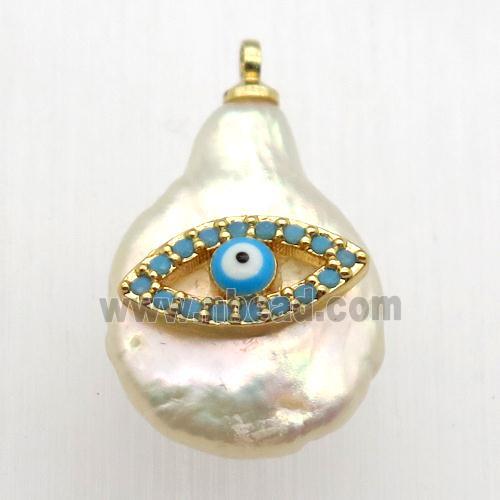 Natural pearl pendant with zircon, evil eye