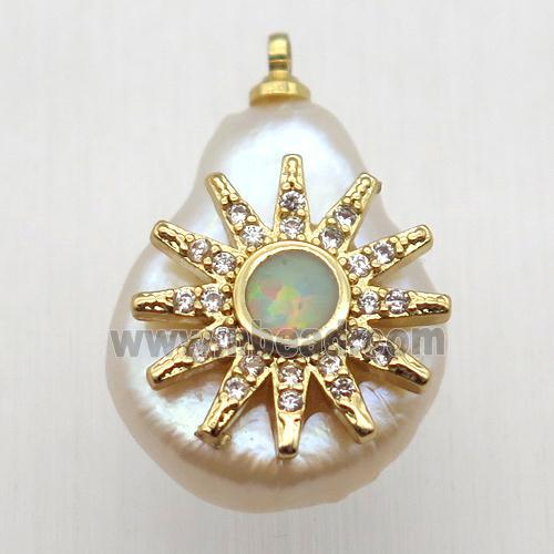 Natural pearl pendant with zircon, sun