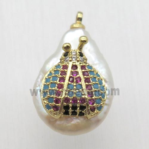 Natural pearl pendant with zircon, beetle