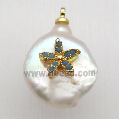 Natural pearl pendant with zircon, flower