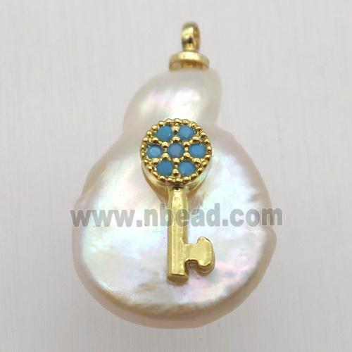 Natural pearl pendant with zircon, key