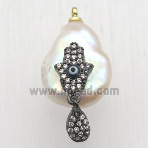 Natural pearl pendant with zircon, hamsahand