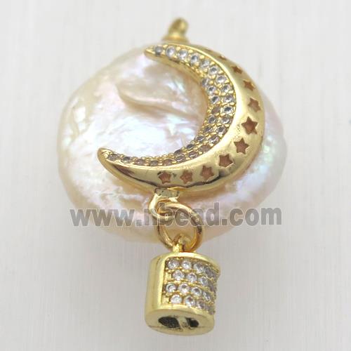 Natural pearl pendant with zircon, moon