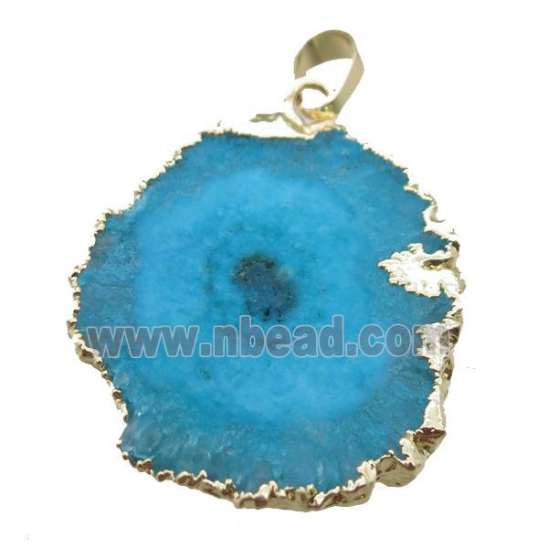 blue Solar Quartz Druzy slab pendant, freeform, gold plated