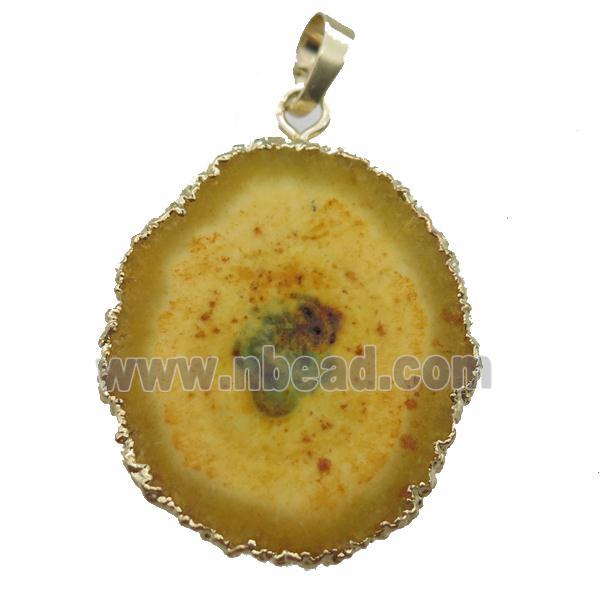 yellow Solar Quartz Druzy slab pendant, freeform, gold plated