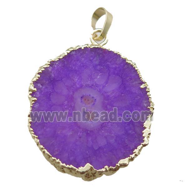 purple Solar Quartz Druzy slab pendant, freeform, gold plated