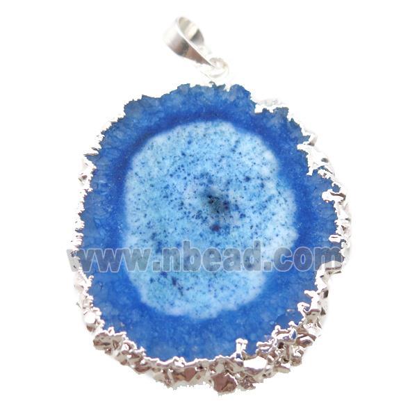 blue Solar Quartz Druzy slab pendant, freeform, silver plated