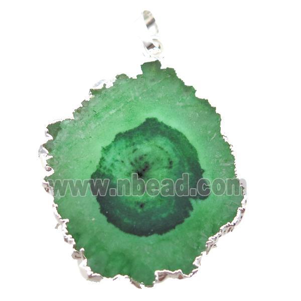 green Solar Quartz Druzy slab pendant, freeform, silver plated