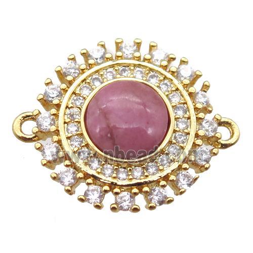 Rhodonite circle connector pave zircon, gold plated