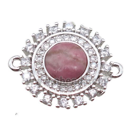 Rhodonite circle connector pave zircon, platinum plated