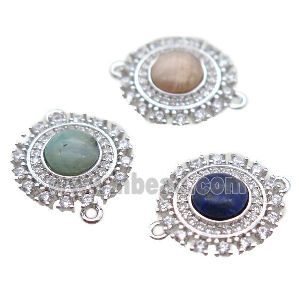 mixed gemstone circle connector pave zircon, platinum plated