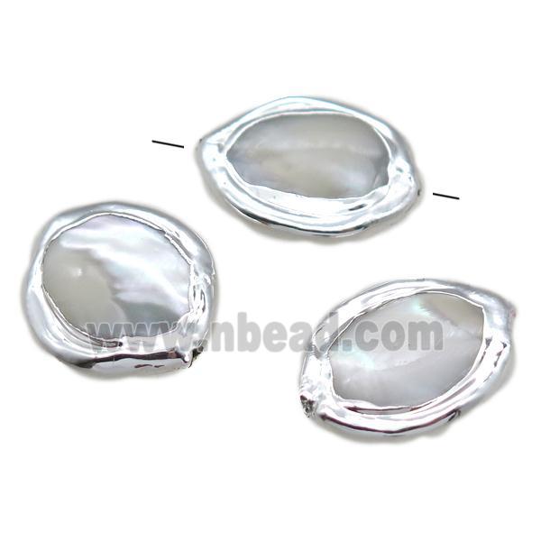 Mother of Pearl beads, oval, silver plated