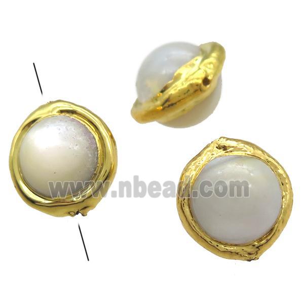 Mother of Pearl beads, round, gold plated