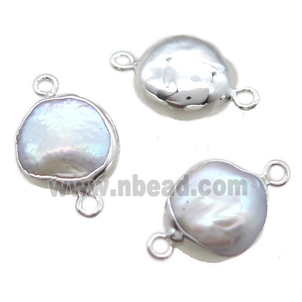natural white pearl connector, freeform, silver plated