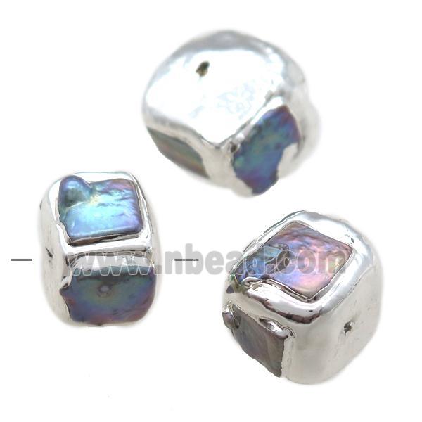 natural pearl beads, cube, silver plated
