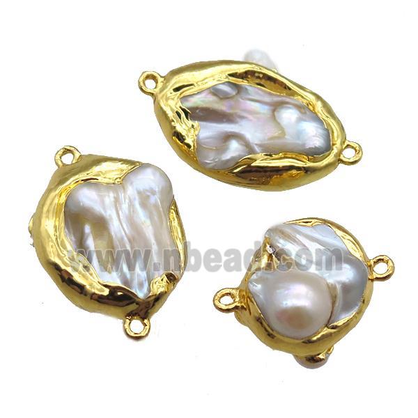 natural pearl connector, freeform, gold plated