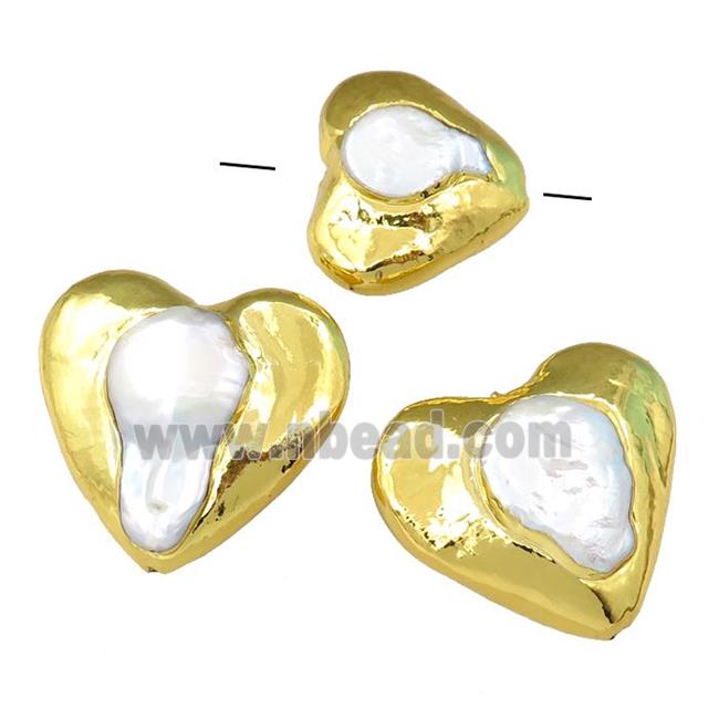 Cultured Pearl Beads, heart, gold palted