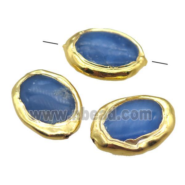 blue agate oval beads, gold plated