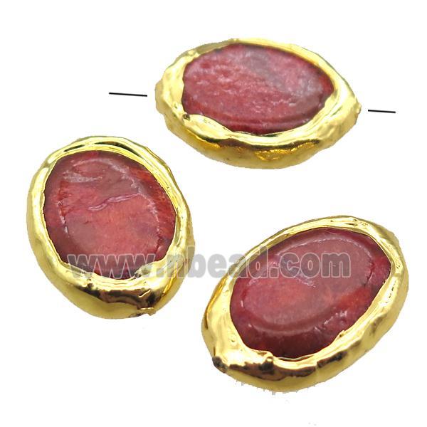 red Coral oval beads, gold plated