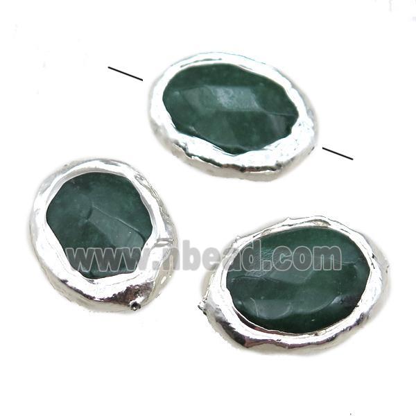 green jade oval beads, silver plated