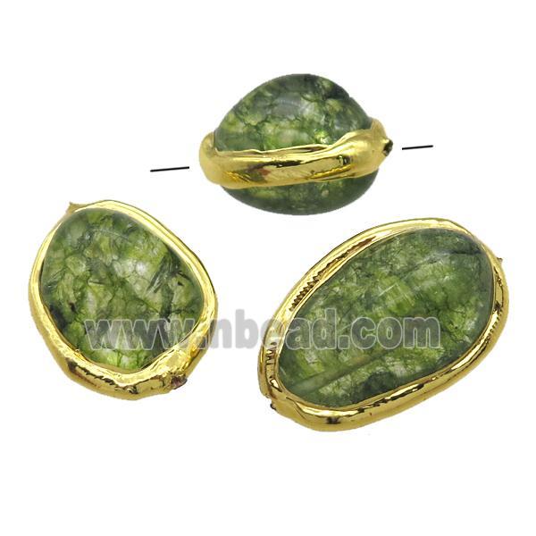 green synthetic Quartz Beads, freeform, gold plated