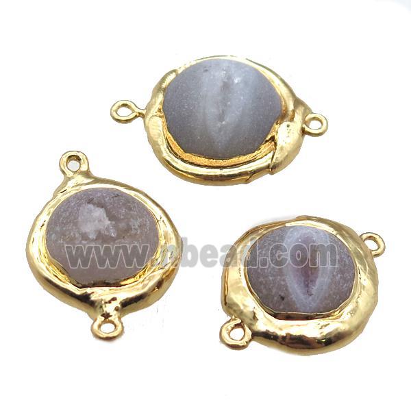 round gray Agate Druzy connector, geode, gold plated