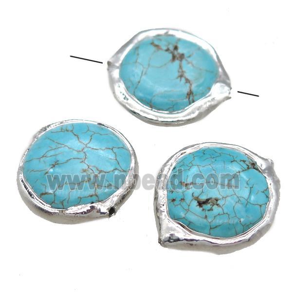 blue Magnesite Turquoise circle beads, silver plated
