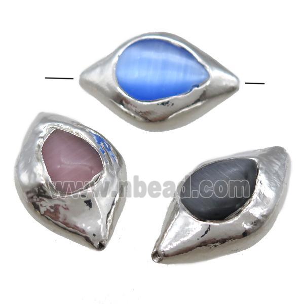 Cats eye stone barrel beads, mixed, silver plated