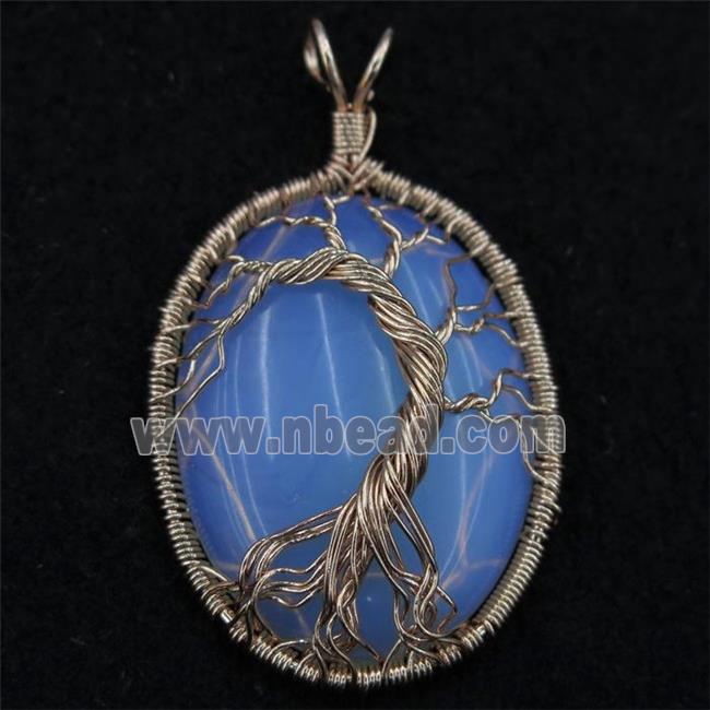 White Opalite Oval Pendant Tree Of Life Wire Wrapped Rose Gold