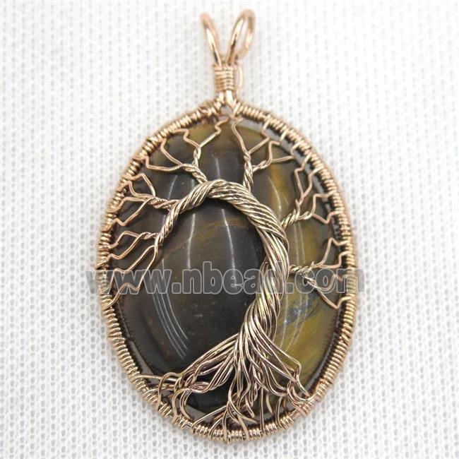 Tiger Eye Stone Oval Pendant Tree Of Life Wire Wrapped Rose Gold