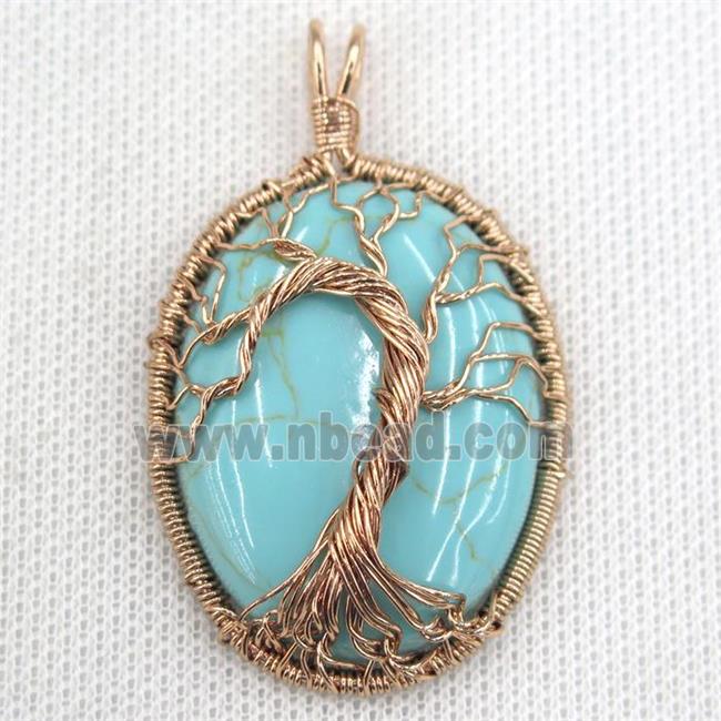 Green Synthetic Turquoise Oval Pendant Tree Of Life Wire Wrapped Rose Gold