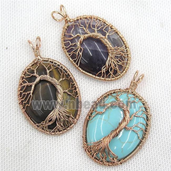 Natural Gemstone Oval Pendant Tree Of Life Wire Wrapped Rose Gold Mixed