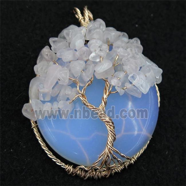 White Opalite Coin Pendant With Clear Quartz Chips Tree Of Life Wire Wrapped Rose Gold