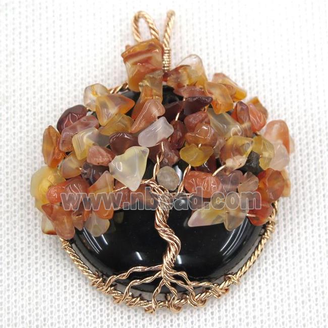 Black Onyx Coin Pendant With Carnelian Chips Tree Of Life Wire Wrapped Rose Gold